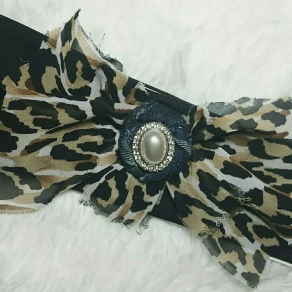 Tasty Raw Edge Leopard Denim Rose Bling Headband